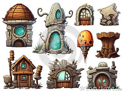 Set of different fantasy elements. Doors to the house, towers and rocks. Game graphics. AI Generated Stock Photo