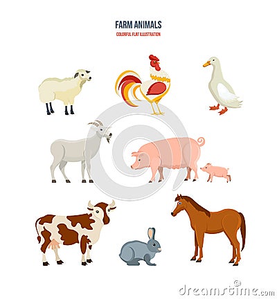 Set of different farm animals on white background. Vector Illustration