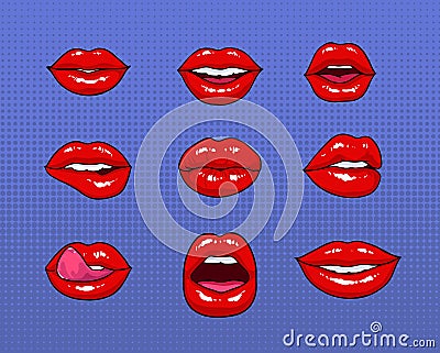 Set of different female red lips. Fashion patches elements, badges collection. Comics mouth with smile, tongue, teeth Vector Illustration