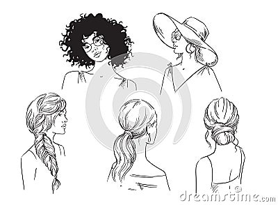 Set of different female summer hairstyles vector black and white sketch Vector Illustration