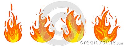 Set of different fires in cartoon style. Collection of red, orange flames. Danger situation and problems concept Cartoon Illustration