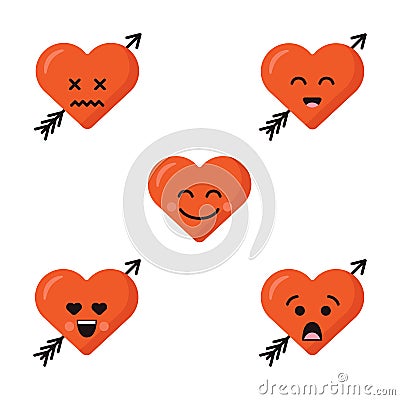 Set of different flat cute emoji heart faces with arrow isolated on the white background. Happy emoticons faces Vector Illustration