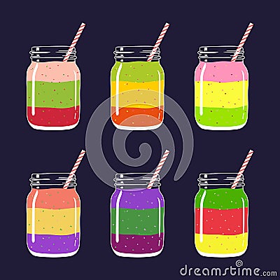 Set of 6 different fresh fruit and berry layered smoothies in mason jars with straw. Vector Illustration