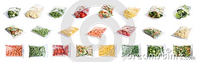 Set of different frozen vegetables in plastic bags on white Stock Photo