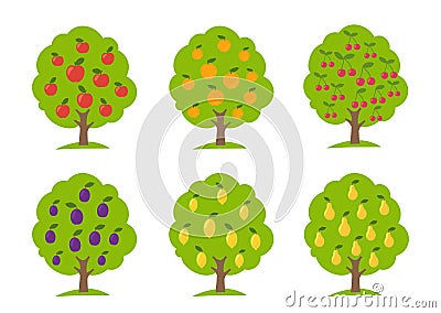 Set of different fruit trees. Lemon and orange apple cherry pear plum. Orchard garden harvest. Vector Illustration. Stock Photo