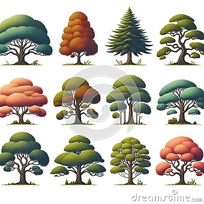 Set of different full realistic trees. Vector illustration, isolated on white background. Each tree must be spaced equally apart Cartoon Illustration