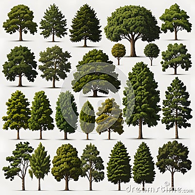 Set of different full realistic trees. Vector illustration, isolated on white background. Each tree must be spaced equally apart Cartoon Illustration