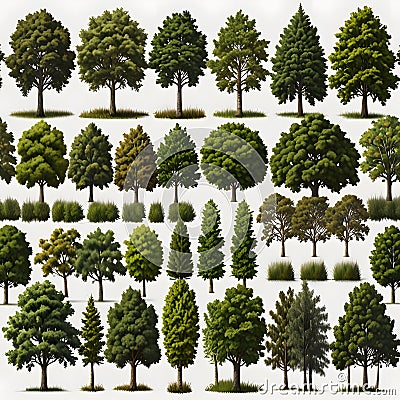 Set of different full realistic trees. Vector illustration, isolated on white background. Each tree must be spaced equally apart Cartoon Illustration