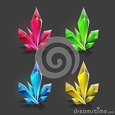 Set of different game resources cartoon crystals. Vector Illustration