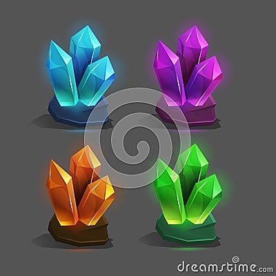 Set of different game resources cartoon crystals. Vector Illustration