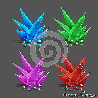 Set of different game resources cartoon crystals. Vector Illustration