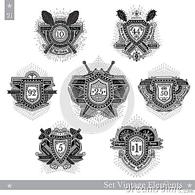 Set of different geometric shields with light ray and crossed vintage weapons Vector Illustration