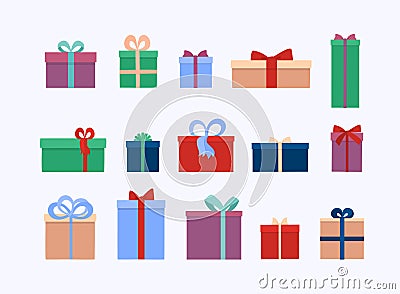 Set of different gift boxes and presents isolated on white background. Flat vector illustration Vector Illustration