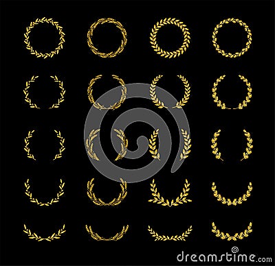 Set of different golden silhouette circular laurel foliate, olive, wheat and oak wreaths depicting an award, achievement, heraldry Vector Illustration