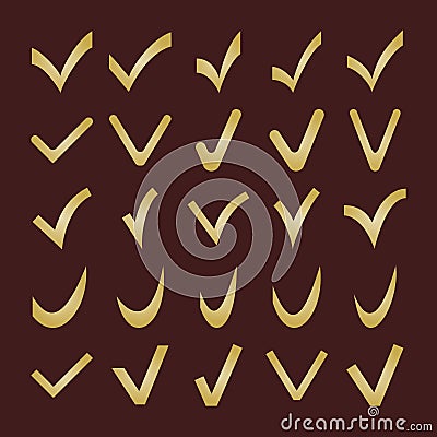 Set of Different Golden Vector Check Marks Vector Illustration