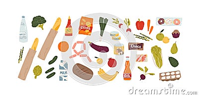 Set of different grocery food and drink products vector flat illustration. Collection of various fruit, vegetables Vector Illustration