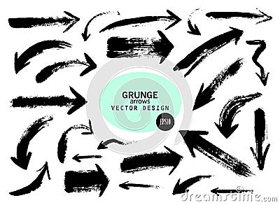 Set of different grunge brush arrows, pointers.Hand drawn paint object for design use. Vector Illustration