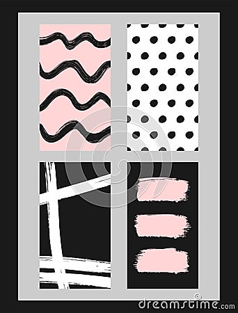 Set of different grunge templates for stories in social networks. Watercolor, paint, brush strokes. Vector Illustration
