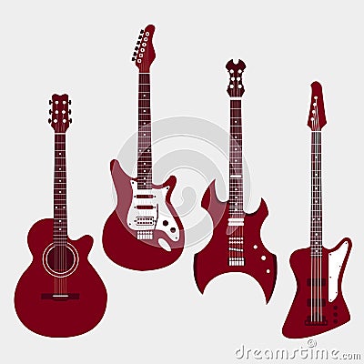 Set of different guitars. Acoustic guitar, electric Vector Illustration