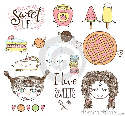 Cute hand drawn dessert doodles Vector Illustration