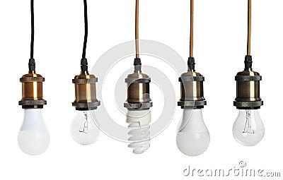 Set of different hanging lamp bulbs with wires Stock Photo