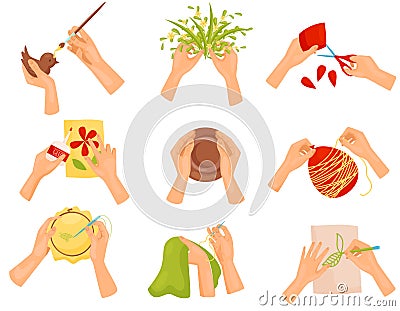 Flat vector set of different hobbies. Painting, cutting out, sewing. Human hands doing various crafts Vector Illustration