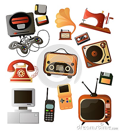 Set of different home retro objects and electronic devices Vector Illustration