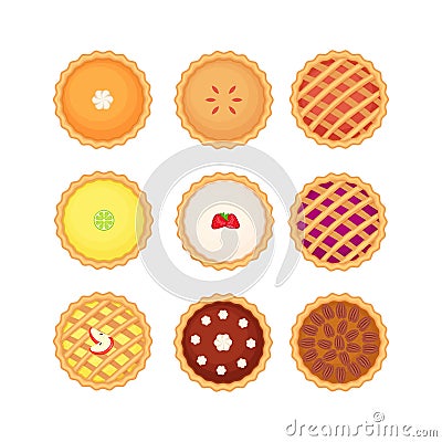 Set of different homemade pies. Pumpkin, apple, fruit, chockolate and pecan pies. Vector Illustration