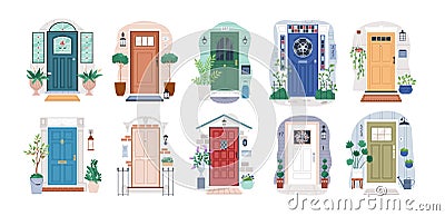 Set of different house entrances, porches and closed doors. Entries to apartments with potted plants, mats, lamps and Vector Illustration
