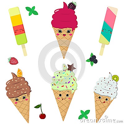 A set of different ice cream smiles. Vector Illustration