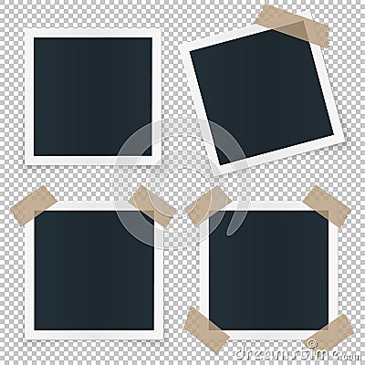 Set of 4 different image frames, with shadow, stickers, tape pieces, rotated and sticked. Vector Illustration