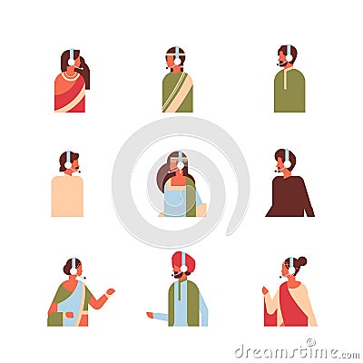 Set different indian man woman headphones avatar call center online service support concept hindu female male cartoon Vector Illustration