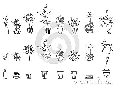 Set of different indoor plants. House of flowers and human hobbies. Botanical set - flowerpots, pots, flowers, leaves Vector Illustration