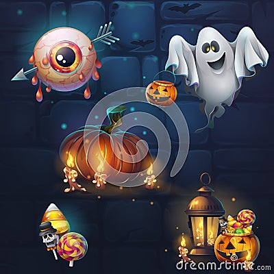 Set of different items for game user interface theme Halloween Vector Illustration