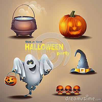 Set of different items for the holiday Halloween, as well as a cute ghost Vector Illustration