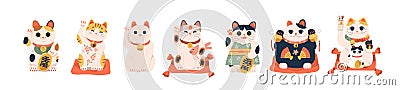 Set of different Japanese lucky cat maneki neko vector illustration. Collection of cute oriental feline figure with Vector Illustration