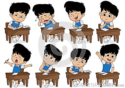 Set of different kid learning pose.Boy crying,laughing,sad,sleepy,thinking,boring,asking. Vector Illustration