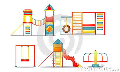 Set of different kid`s playground equipment. Vector illustration in flat cartoon style. Vector Illustration