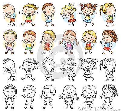 Set of different kids with various emotions Vector Illustration