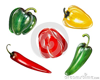 Set Of Different Kind Of Peppers Realistic Acrylic Painting Isolated On White Background Stock Photo