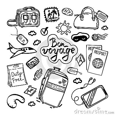 Set of different kinds of luggage, hand-drawn in sketch style. Vector illustration. Large and small suitcase, backpack, small bag Vector Illustration
