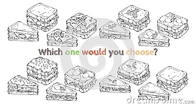 Set of different kinds of vector sandwiches. Sketch. Vector Illustration