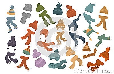 Set of different knit hats caps and scarves Vector Illustration