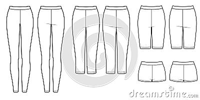 Set of different length sport tight pants. Leggins, breeches, shorts Vector Illustration