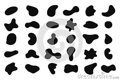 Set of different liquid shapes. Spot, blot, blob and other flowing fluid elements for design logos, labels, tags and banners. Vector Illustration