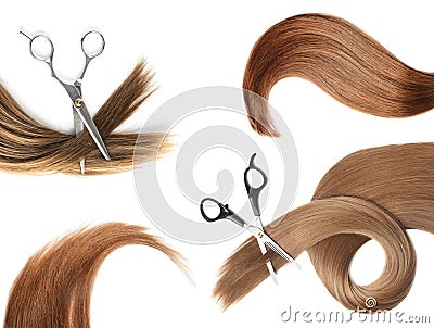 Set with different locks and scissors on background, top view. Hairdresser service Stock Photo