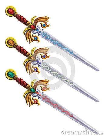 Set of different magic swords. Earth, fire, air element stones in it. Gui assets collection for game design. Stock Photo