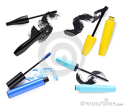 Set with different mascaras and strokes on white background, top view Stock Photo