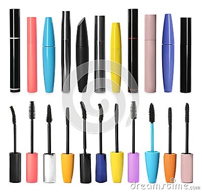 Set with different mascaras on white background Stock Photo