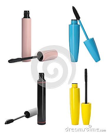 Set with different mascaras on white Stock Photo